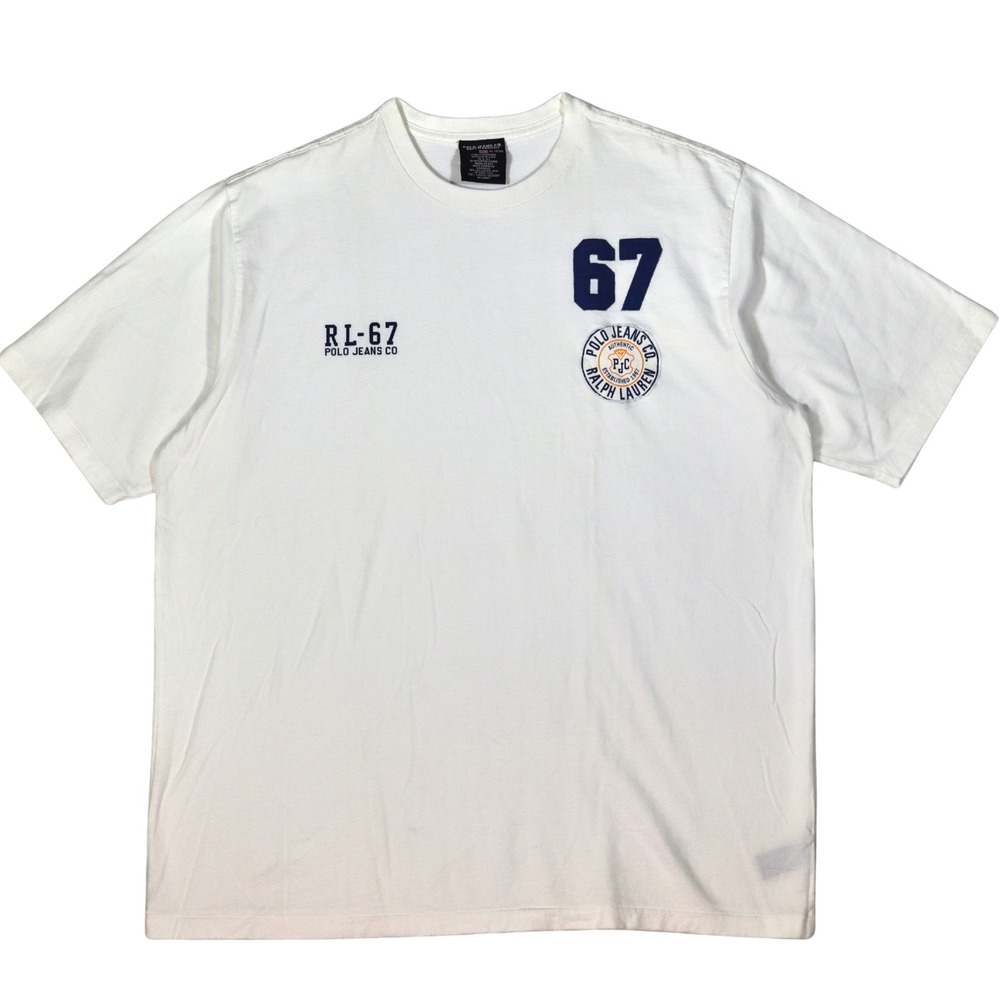 Vintage 90s Polo Jeans Co Ralph Lauren T-Shirt XL White Patch Spell Out RL-67 - Picture 1 of 11